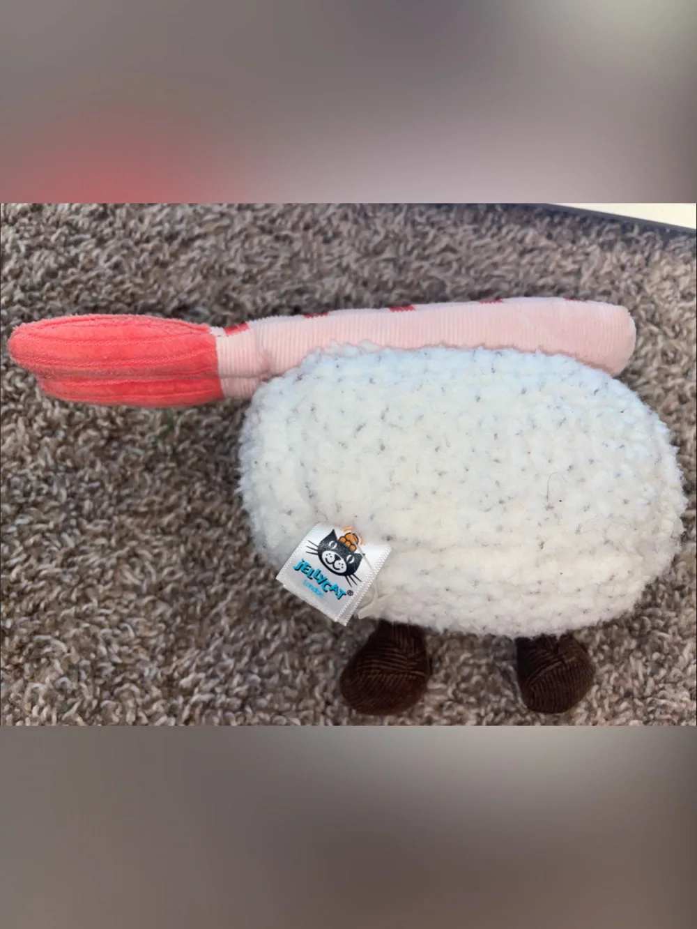 Jellycat Shrimp Sushi Plush with White Rice and Brown Legs
